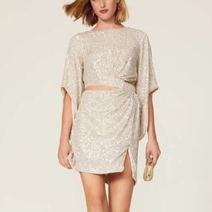 Bardot Alessandra Silver Sequin Waist Cutout Flyaway Sleeve Mini Cocktail Dress